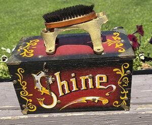 Vintage Wood Brass Shoeshine Box 5 Cent Shine w/ Brush Barber Shop Americana